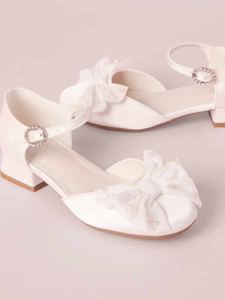 Lipsy White Narrow Fit (E) Low Block Heel Pearl Bow Occasion Flower Heeled Sandals - Image 1 of 5