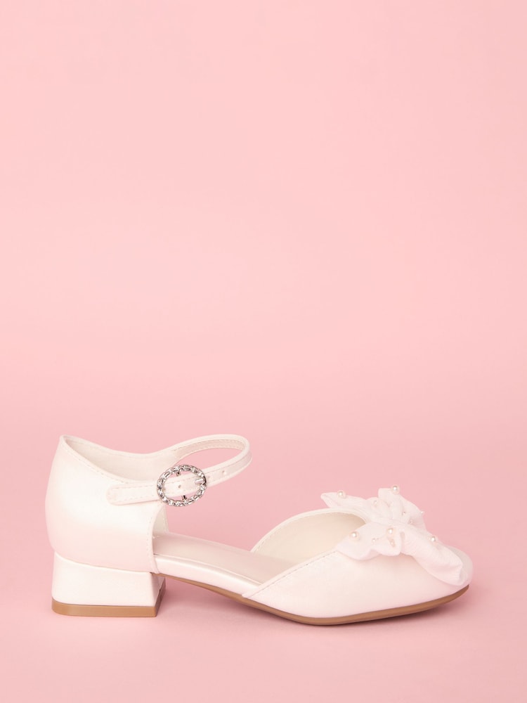 Lipsy White Narrow Fit (E) Low Block Heel Pearl Bow Occasion Flower Heeled Sandals - Image 2 of 5