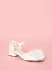 Lipsy White Narrow Fit (E) Low Block Heel Pearl Bow Occasion Flower Heeled Sandals - Image 3 of 5
