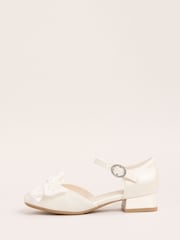 Lipsy White Narrow Fit (E) Low Block Heel Pearl Bow Occasion Flower Heeled Sandals - Image 5 of 5
