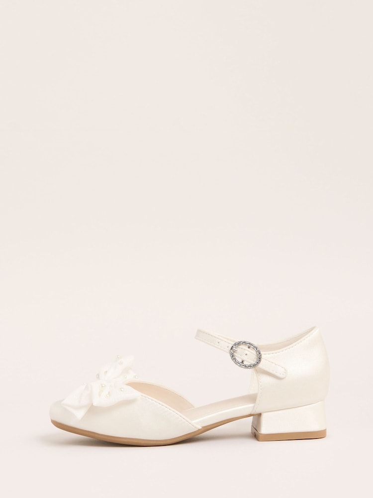 Lipsy White Narrow Fit (E) Low Block Heel Pearl Bow Occasion Flower Heeled Sandals - Image 5 of 5