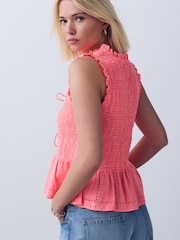 Bright Pink Smocked Tie Front V-Neck Top - Image 4 of 8