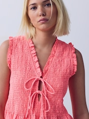 Bright Pink Smocked Tie Front V-Neck Top - Image 5 of 8