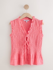 Bright Pink Smocked Tie Front V-Neck Top - Image 6 of 8