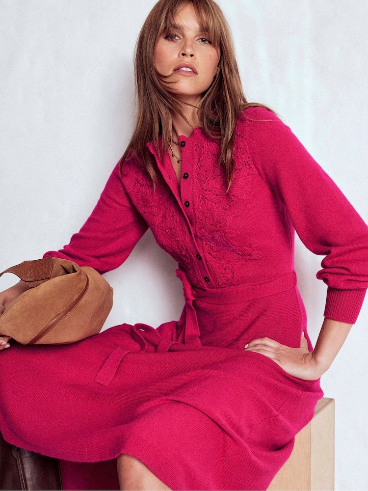 Boden Pink Lace Insert Knitted Midi Dress - Image 1 of 7 Boden Pink Lace Insert Knitted Midi Dress - Image 1 of 7