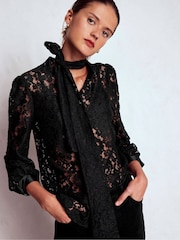Boden Black Lace Tie Neck Top - Image 1 of 6