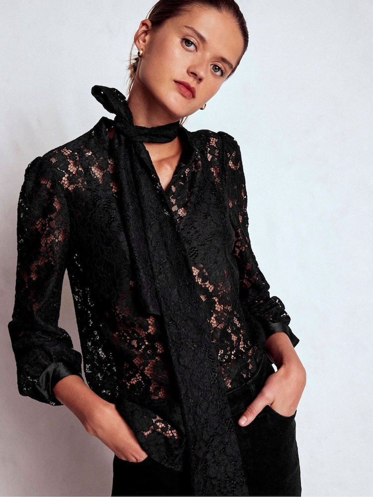 Boden Black Lace Tie Neck Top - Image 1 of 6