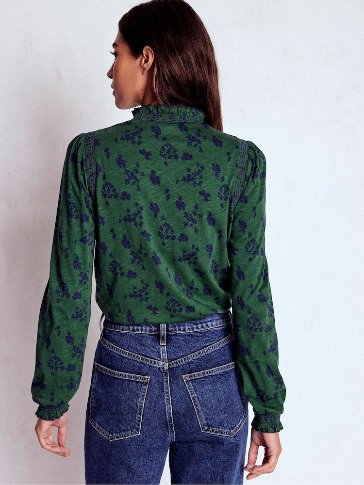 Boden Green Tia Smocked Neck Jersey Top - Image 2 of 5 Boden Green Tia Smocked Neck Jersey Top - Image 2 of 5