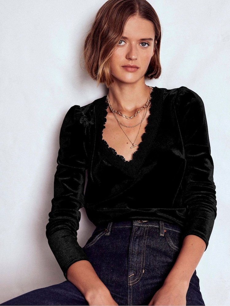 Boden Black Flora V-neck Velvet Top - Image 1 of 6 Boden Black Flora V-neck Velvet Top - Image 1 of 6
