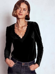 Boden Black Flora V-neck Velvet Top - Image 4 of 6