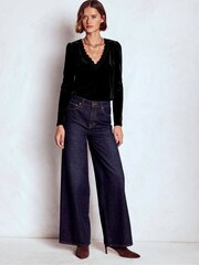 Boden Black Flora V-neck Velvet Top - Image 5 of 6