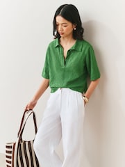 Green Broderie Short Sleeve Polo Top - Image 1 of 3
