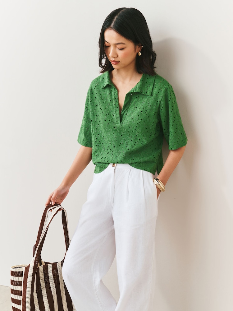 Green Broderie Short Sleeve Polo Top - Image 1 of 3