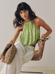 Sage Green Sleeveless Lace Halter Neck Top - Image 1 of 7