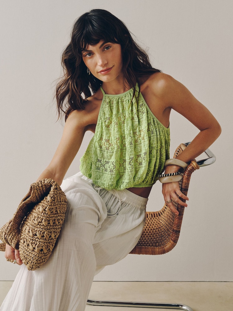 Sage Green Sleeveless Lace Halter Neck Top - Image 1 of 7