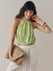 Sage Green Sleeveless Lace Halter Neck Top - Image 3 of 7