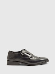 River Island Black Leather Square Toe Monk Shoes - Image 1 of 5