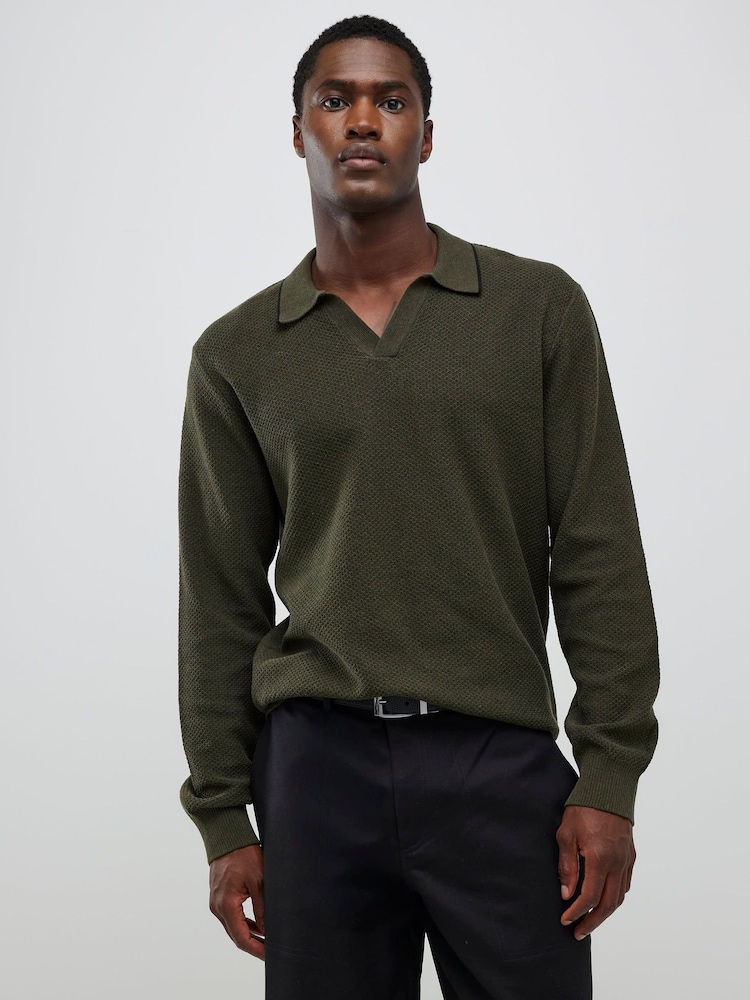 River Island Green Texture Open Collar Jumper - Image 1 of 4