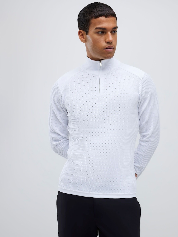 River Island White Muscle Fit Textured Quarter Zip Jumper - Image 1 of 4