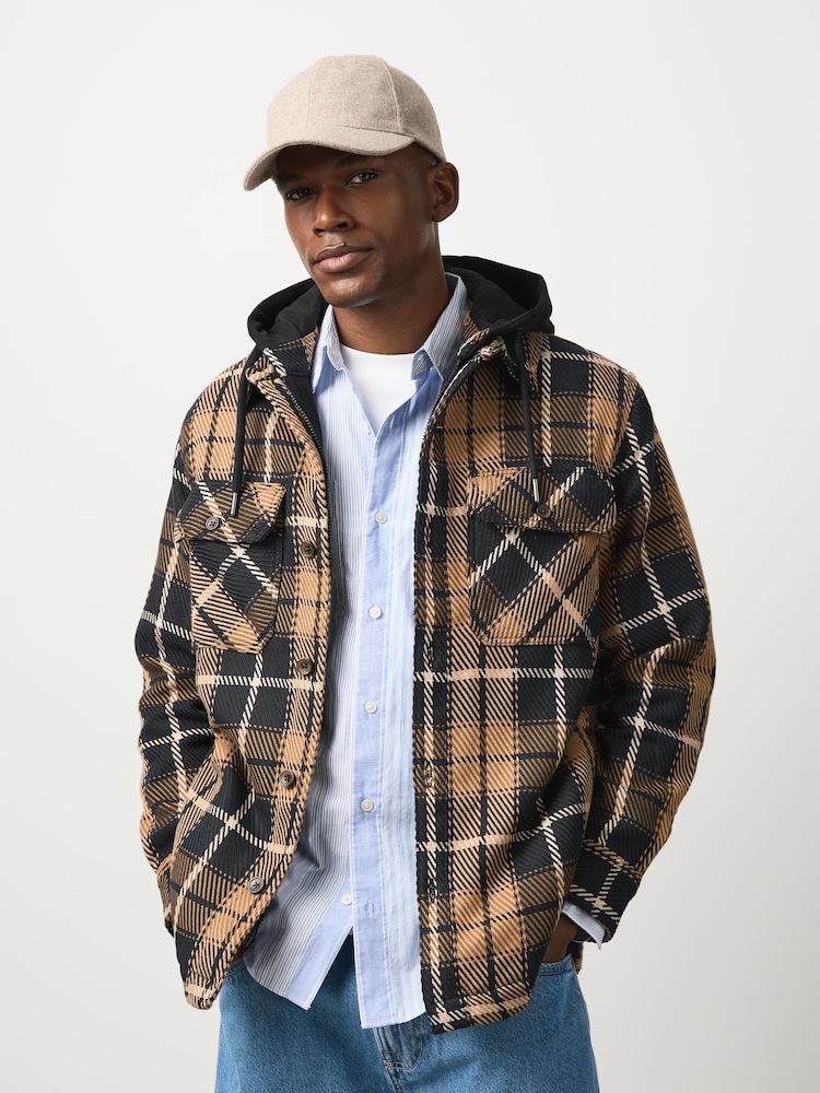 Brown Borg Lined Hooded Check Shacket - Image 1 of 12 Brown Borg Lined Hooded Check Shacket - Image 1 of 12
