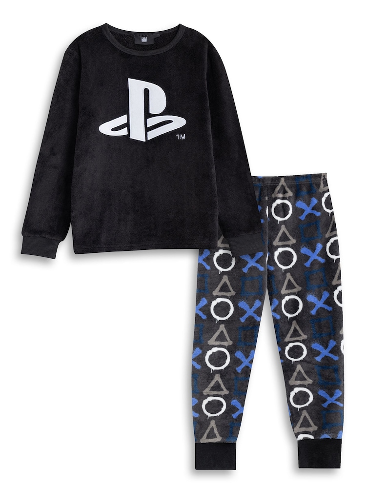 Vanilla Underground Black PlayStation Logo Fleece Long Sleeve Long Leg Pyjamas Set - Image 1 of 6 Vanilla Underground Black PlayStation Logo Fleece Long Sleeve Long Leg Pyjamas Set - Image 1 of 6