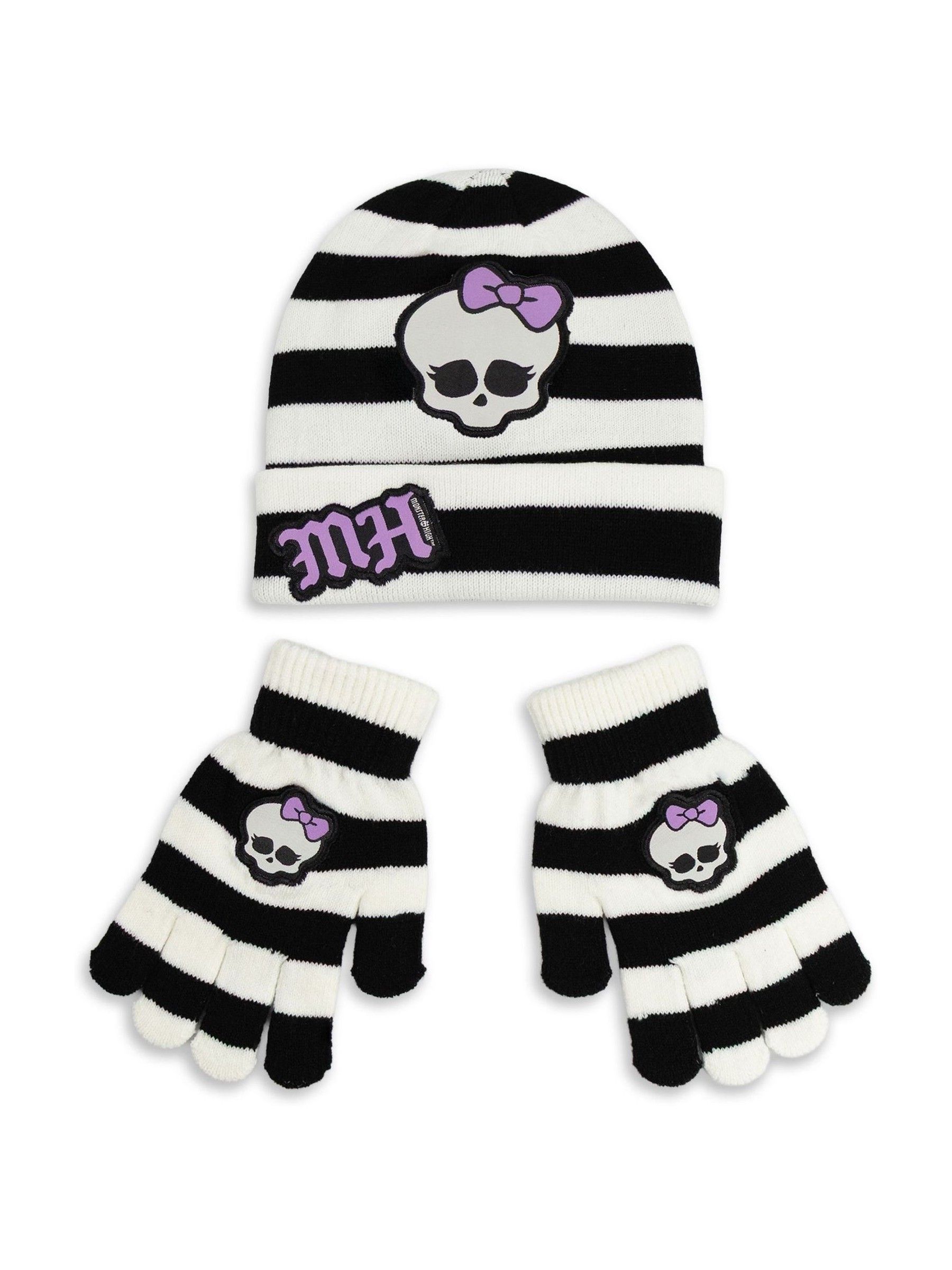 Monster High Girls Black, White, Purple Striped Beanie and Gloves Set | Character Warm Accessories for Winter | Stylish Cartoon Merch for Kids Merch - Image 4