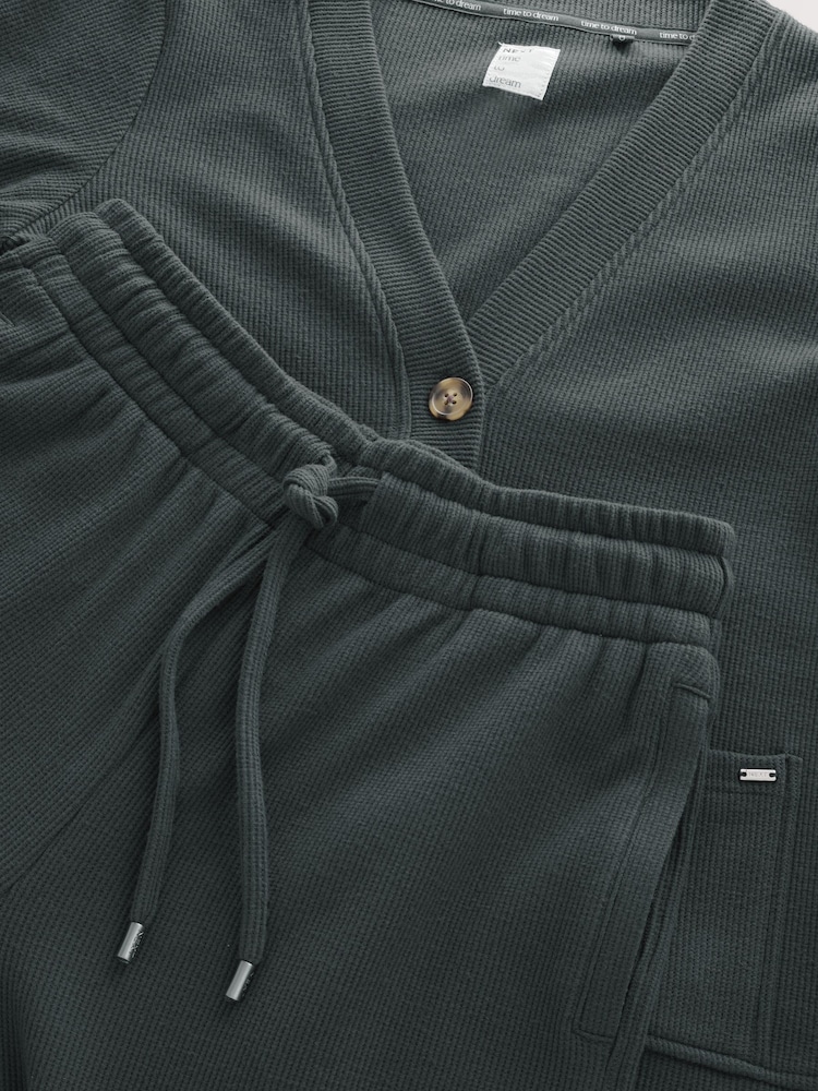 שחור - Cosy Waffle Cardigan Loungewear Set - תמונה 3 מתוך 3