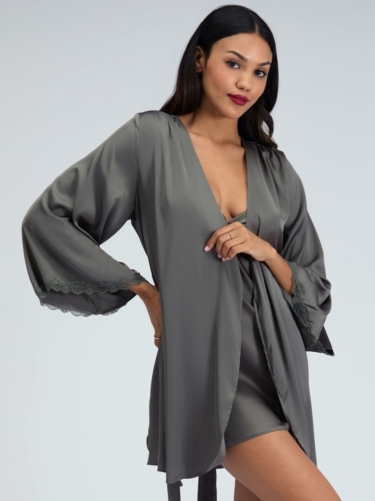 Boux Avenue Green Kaya Lace Trim Satin Robe - Image 1 of 5 Boux Avenue Green Kaya Lace Trim Satin Robe - Image 1 of 5