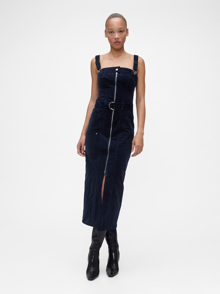 GapStudio Navy Blue Corduroy Belted Midi Dress - Image 1 of 6