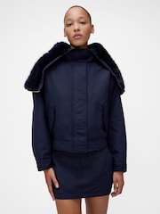 GapStudio Blue Faux Fur-Lined Crop Bomber Jacket - Image 1 of 6