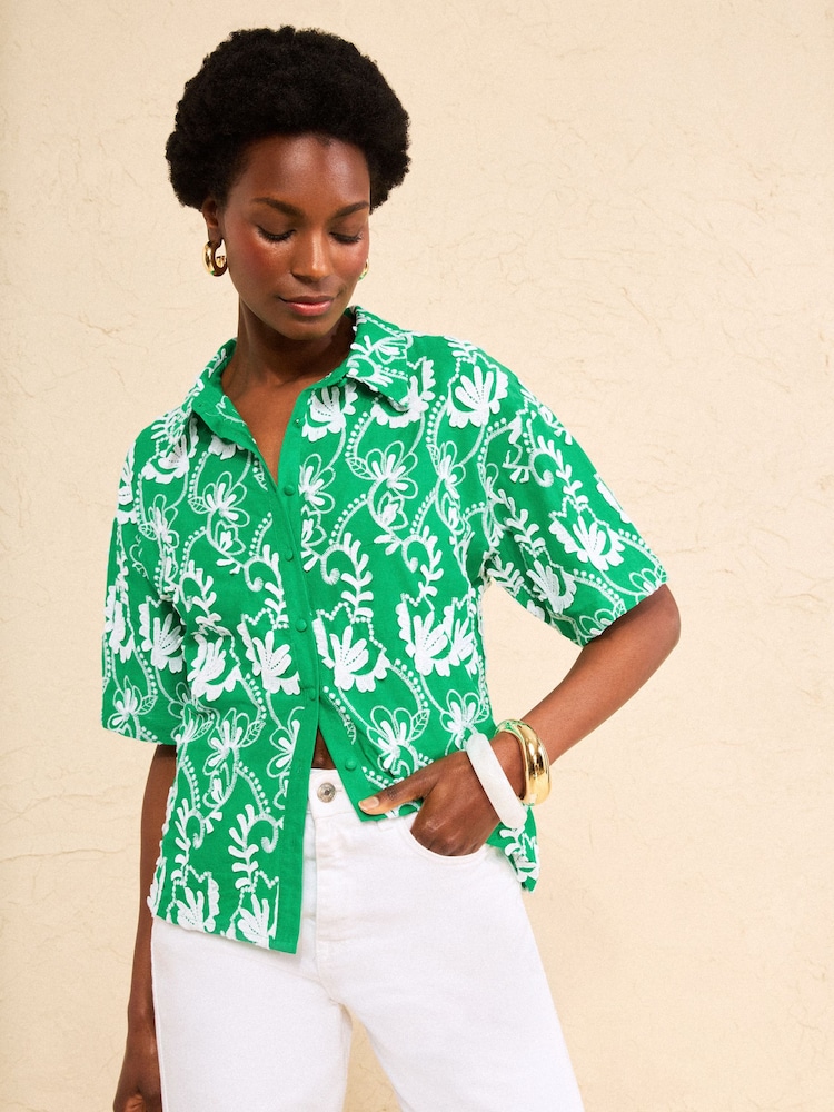 Love & Roses Bright Green 3D Embroidery Button Down Short Sleeve Shirt - Image 1 of 4 Love & Roses Bright Green 3D Embroidery Button Down Short Sleeve Shirt - Image 1 of 4