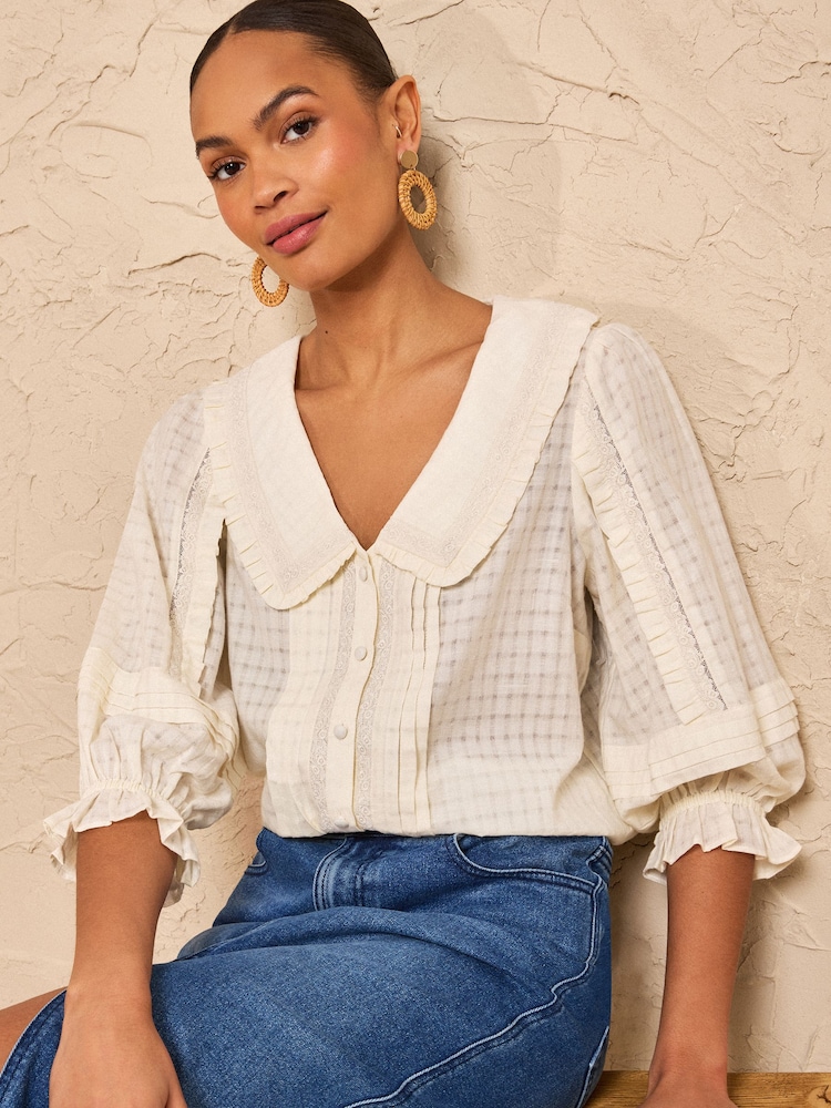 Love & Roses Ivory Cross Hatch Collar Blouse - Image 1 of 4
