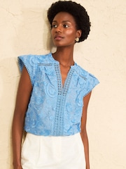 Love & Roses Pale Blue Cross Hatch Paisley Flutter Sleeve Blouse - Image 1 of 4