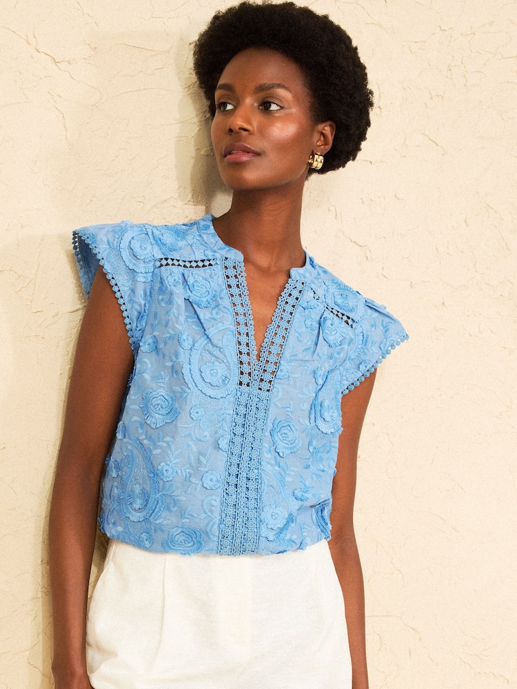 Love & Roses Pale Blue Cross Hatch Paisley Flutter Sleeve Blouse - Image 1 of 4