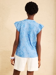 Love & Roses Pale Blue Cross Hatch Paisley Flutter Sleeve Blouse - Image 2 of 4