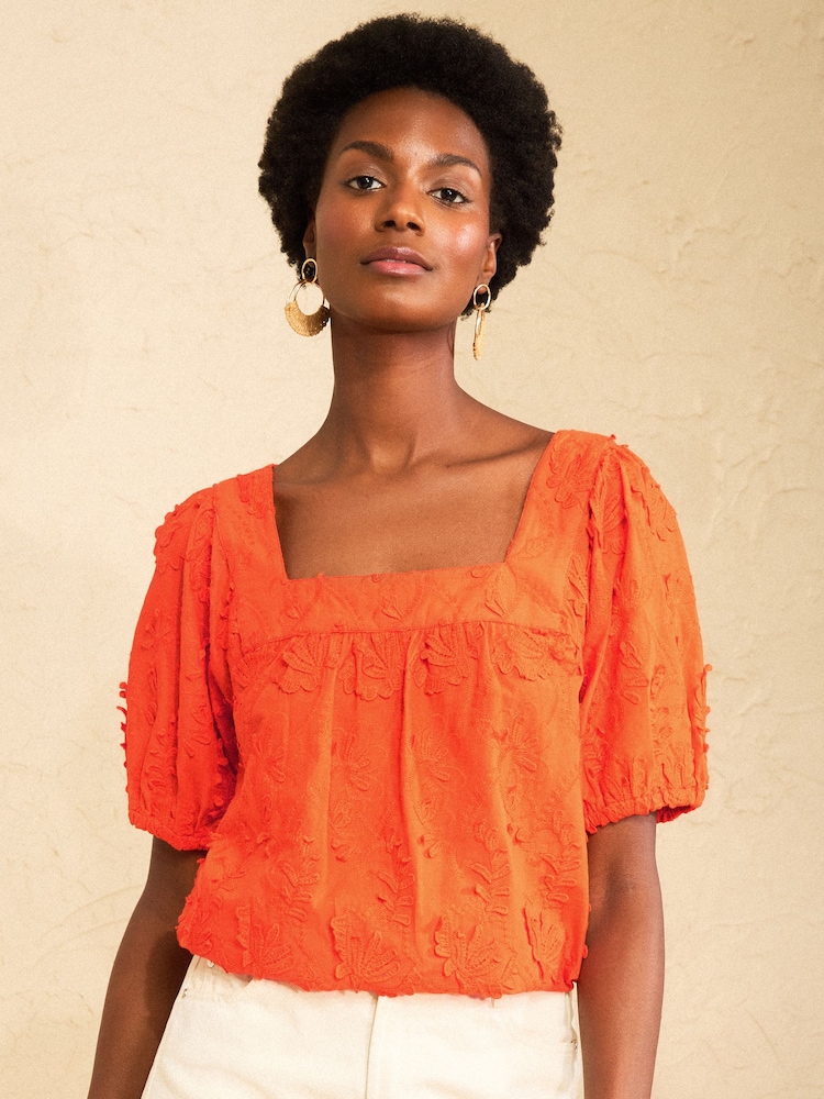 Love & Roses Orange 3D Palm Square Neck Blouse - Image 1 of 5