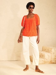 Love & Roses Orange 3D Palm Square Neck Blouse - Image 3 of 5