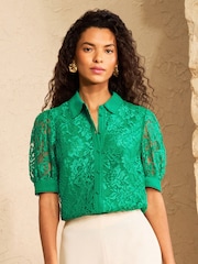 Love & Roses Bright Green Lace Button Down Short Sleeve Shirt - Image 1 of 5