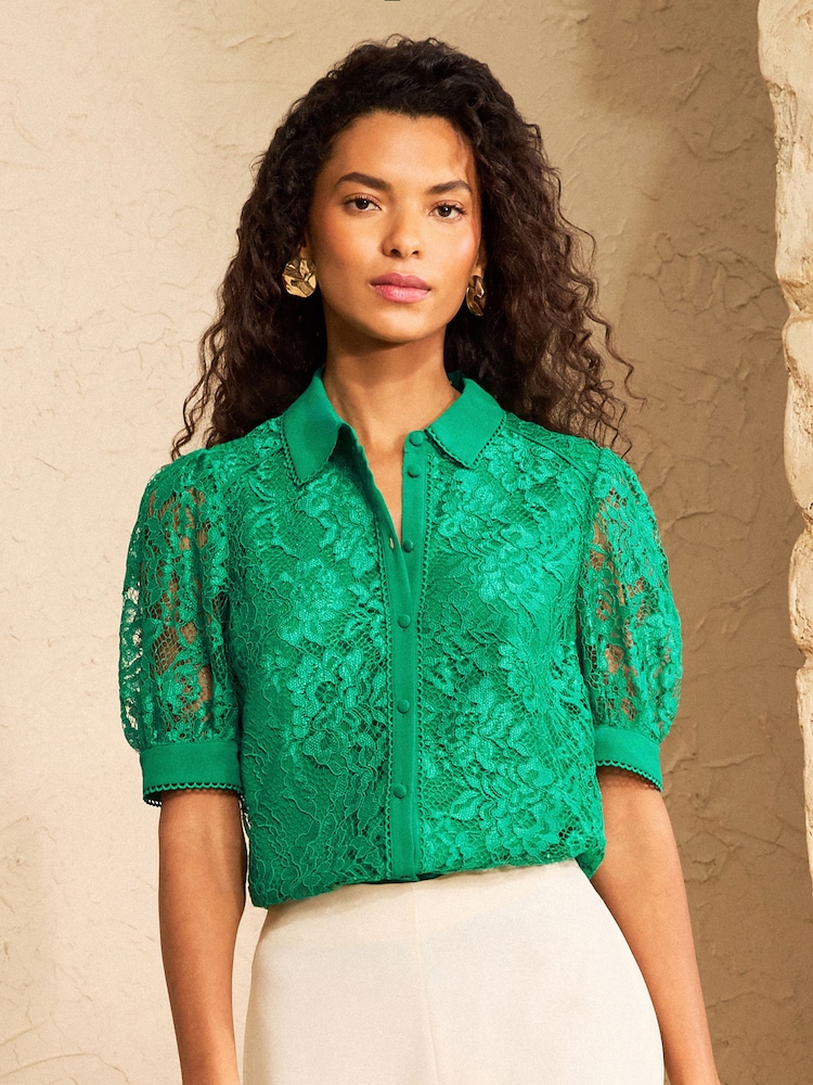 Love & Roses Bright Green Lace Button Down Short Sleeve Shirt - Image 1 of 5