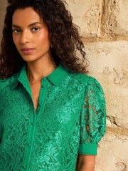 Love & Roses Bright Green Lace Button Down Short Sleeve Shirt - Image 2 of 5