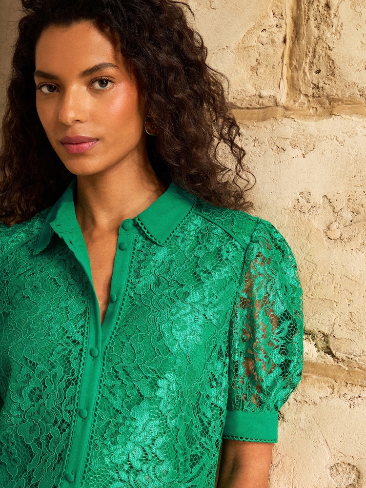 Love & Roses Bright Green Lace Button Down Short Sleeve Shirt - Image 2 of 5