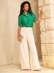 Love & Roses Bright Green Lace Button Down Short Sleeve Shirt - Image 3 of 5