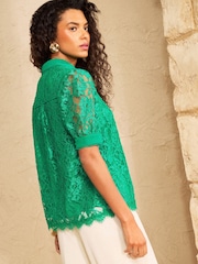 Love & Roses Bright Green Lace Button Down Short Sleeve Shirt - Image 4 of 5