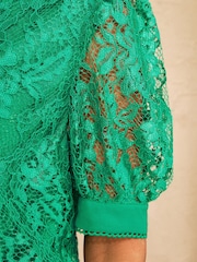 Love & Roses Bright Green Lace Button Down Short Sleeve Shirt - Image 5 of 5