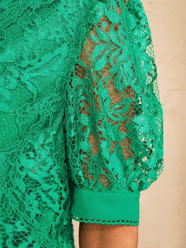 Love & Roses Bright Green Lace Button Down Short Sleeve Shirt - Image 5 of 5