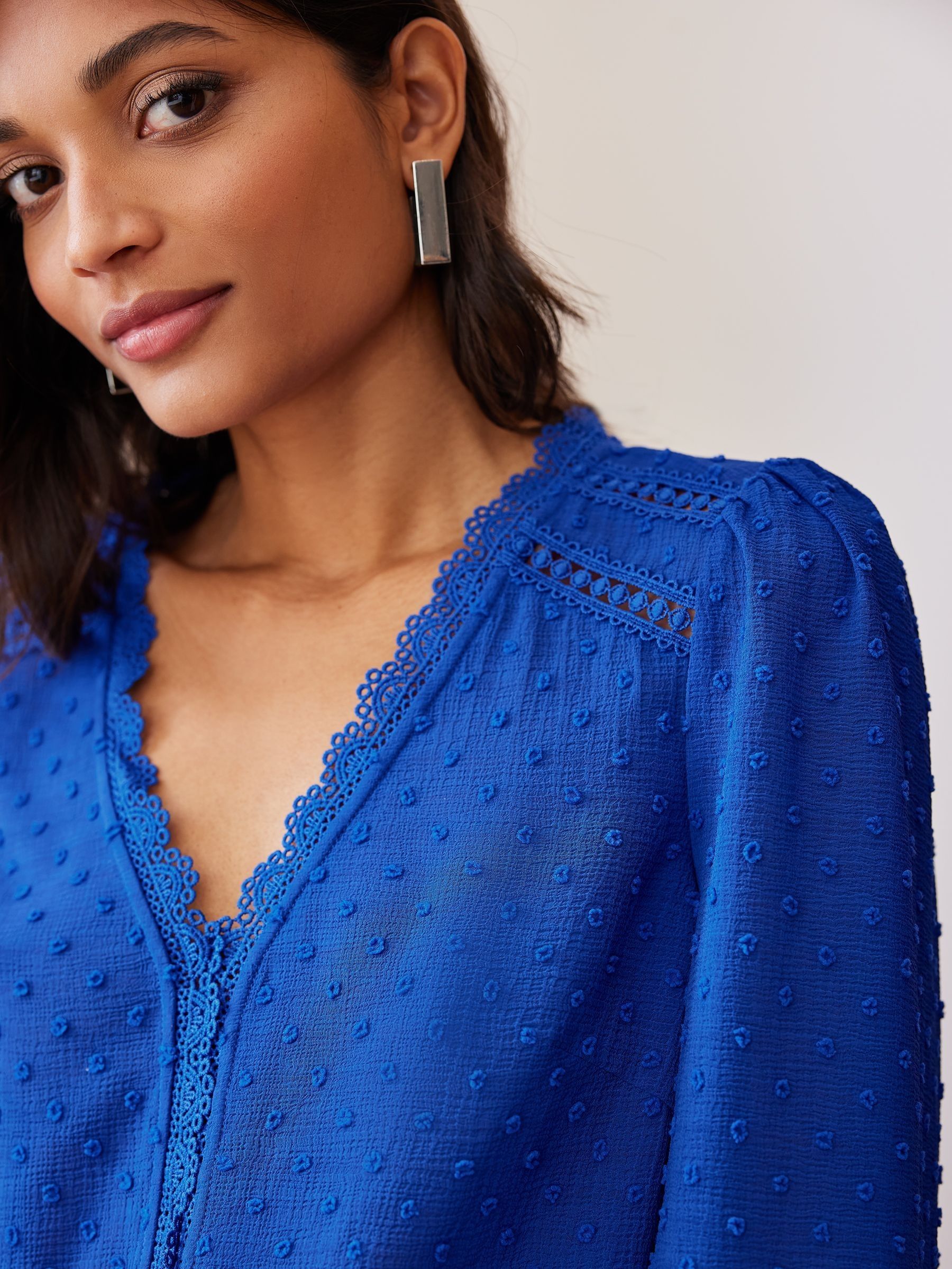 Buy Love & Roses Cobalt Blue V-Neck Lace Long Sleeve Dobby Blouse