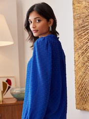 Love & Roses Cobalt Blue V-Neck Lace Long Sleeve Dobby Blouse - Image 3 of 4