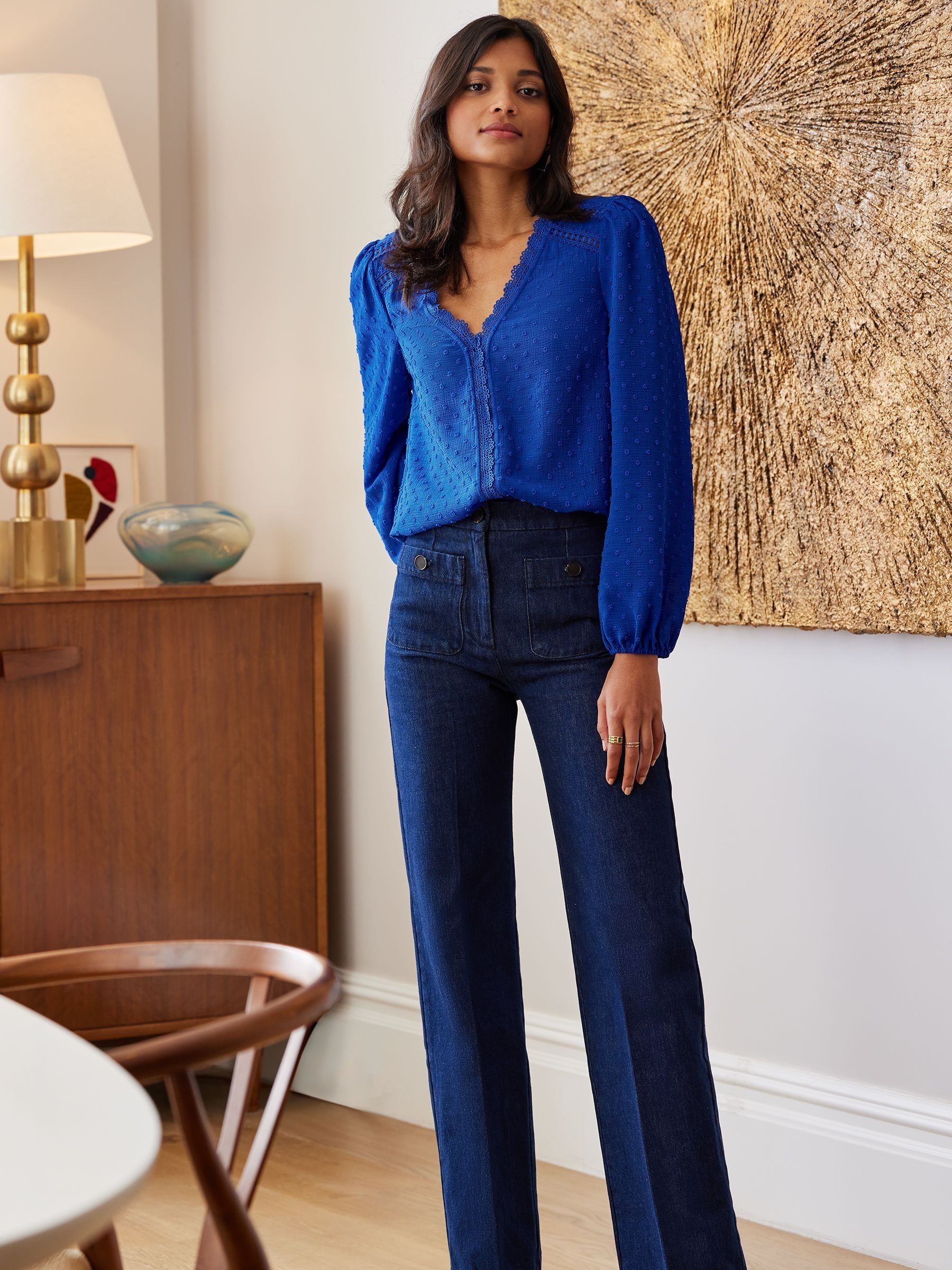 Buy Love & Roses Cobalt Blue V-Neck Lace Long Sleeve Dobby Blouse