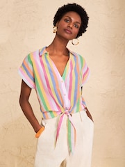 Love & Roses Multi Stripe Tie Front Roll Sleeve Shirt - Image 1 of 4