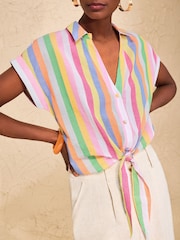 Love & Roses Multi Stripe Tie Front Roll Sleeve Shirt - Image 2 of 4